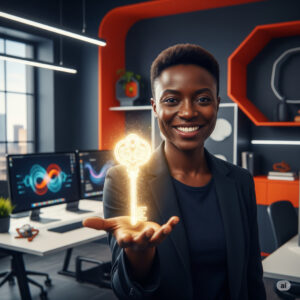 A smiling woman in a modern office holds out her hand, above which a glowing digital key floats—symbolizing smart Small Business Marketing. Computer monitors with data graphics in the background create a tech-savvy, innovative atmosphere.