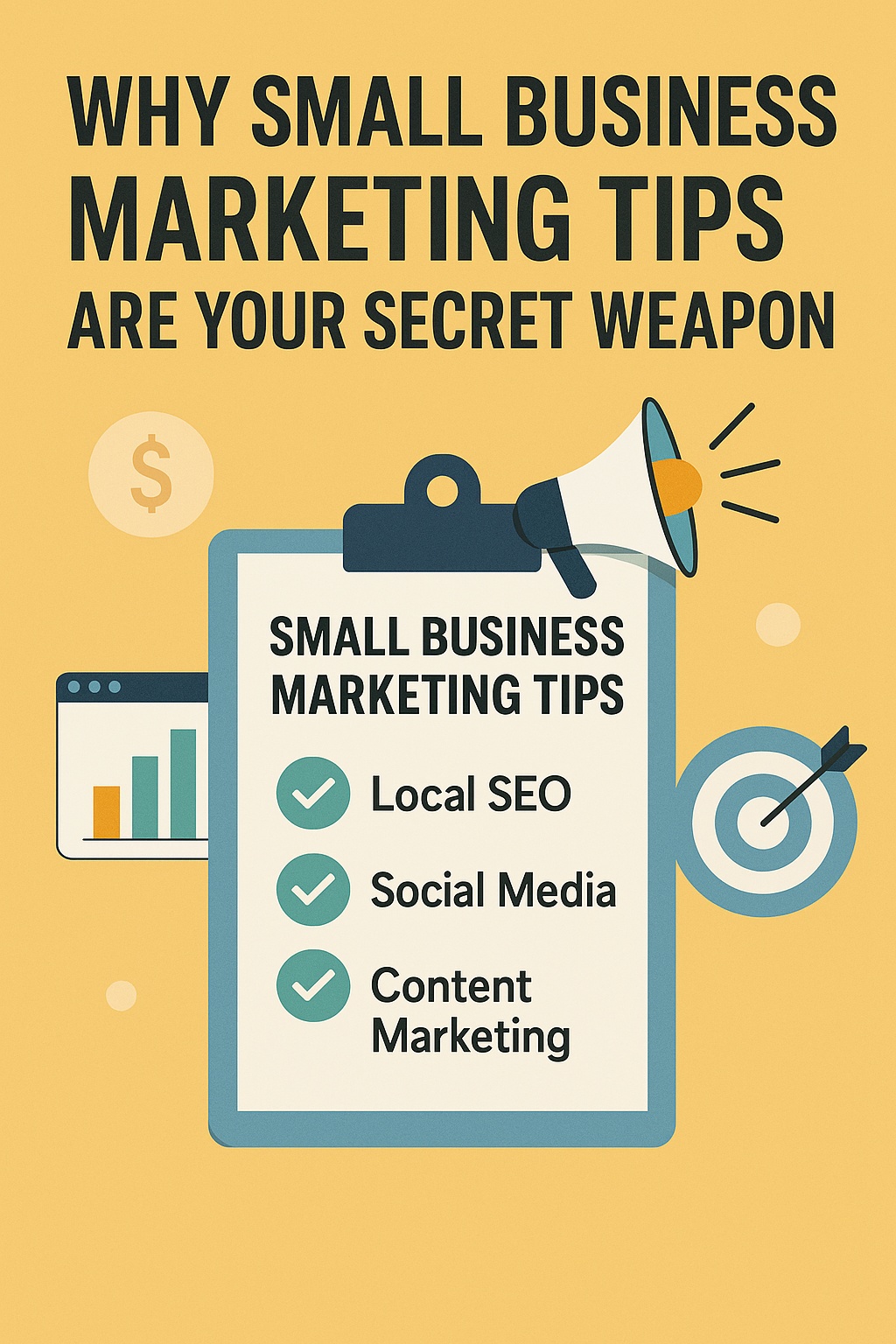 A graphic with the headline "Why Small Business Marketing Tips Are Your Secret Weapon" and a clipboard listing "Local SEO, Social Media, Content Marketing." Small Business Marketing icons appear in the background.