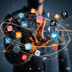A dynamic image of a hand, with African American features, interacting with a network of social media icons, symbolizing the process of building a strong social media presence for a small business.