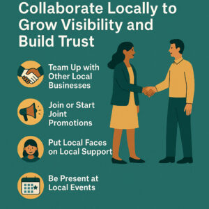 Two people shaking hands, surrounded by icons and text tips on collaborating locally: teaming up with local businesses, joint promotions, featuring local support, and attending local events. Perfect for Oregon Entrepreneurs seeking Small Business Marketing ideas. The background is teal with white text.