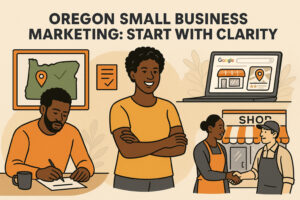 Illustration featuring "Oregon Small Business Marketing: Start With Clarity," with Oregon entrepreneurs writing, smiling confidently, shaking hands outside a shop, and a laptop showcasing Google business listing marketing tips.