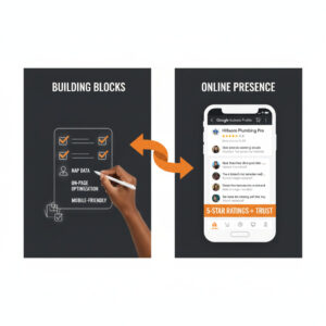 A hand checks items on a list labeled "Building Blocks" (Map Data, On-Page Optimization, Mobile-Friendly). An arrow points to a phone showing an SEO Hillsboro Google business profile with 5-star ratings labeled "Online Presence.