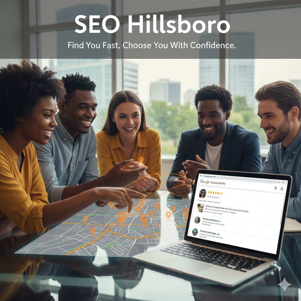 Four smiling professionals gather around a table with a digital map and location markers, while a laptop displays an SEO Hillsboro business profile search. Text reads, “SEO Hillsboro. Find You Fast. Choose You With Confidence.”.