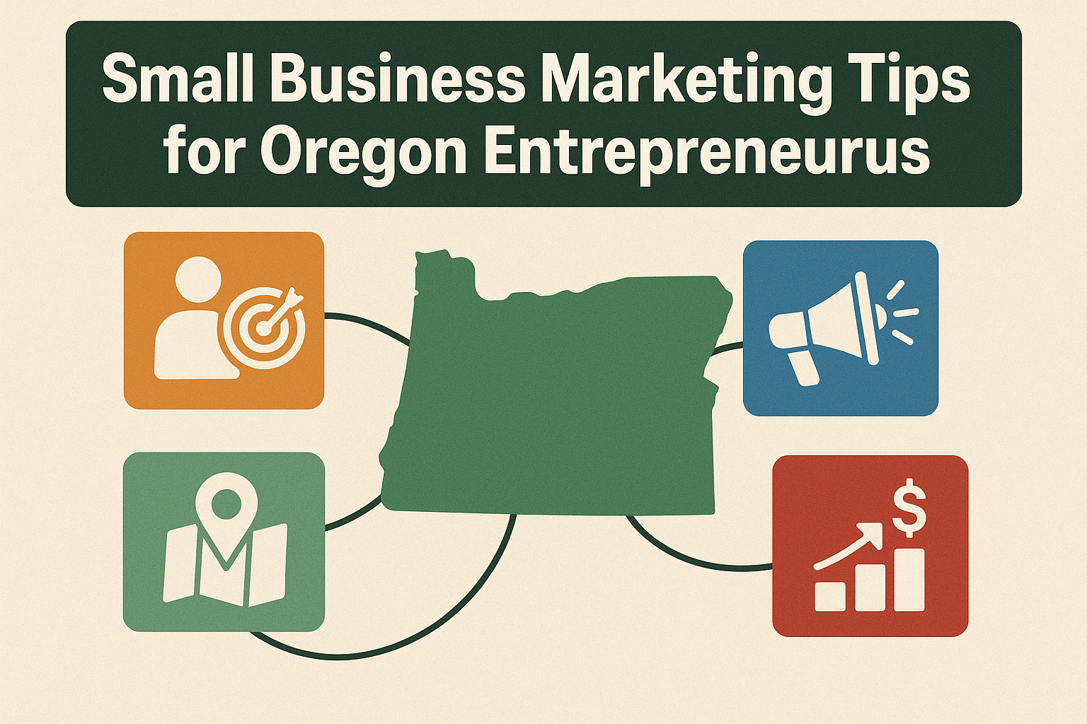 Infographic titled "Small Business Marketing Tips for Oregon Entrepreneurs" features an outline of Oregon at the center, surrounded by icons like a target, megaphone, map marker, and a bar chart with a dollar sign to highlight top marketing tips.