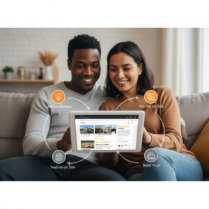 A smiling couple sits on a couch, holding a tablet displaying review and rating features. Labeled icons around them read: Ask for Review, Ask for on Site, Feature on Site, Build Trust—all essential tools for SEO Hillsboro success.