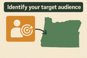 A graphic with the text "Identify your target audience," showing an icon of a person with a target, an arrow pointing to the outline of Oregon—ideal Marketing Tips for Oregon Entrepreneurs.