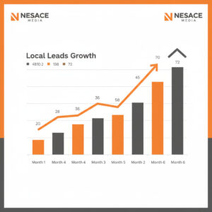 A bar and line graph titled "Local Leads Growth" shows monthly increases from Month 1 to Month 6, with values rising from 20 to 72—highlighting SEO Hillsboro. Nesace Media logos are in the top corners.