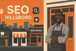 Illustration of a smiling man in an apron outside his storefront, with a sign that reads “SEO Hillsboro” alongside location and search icons. Nearby buildings like a dentist and roof repair shop highlight local SEO Hillsboro businesses.
