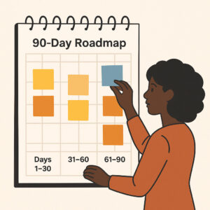 An illustration of a person placing a blue sticky note on a large spiral-bound 90-Day Roadmap calendar, divided into three sections, each filled with colored notes—perfect for planning your social media marketing services.
