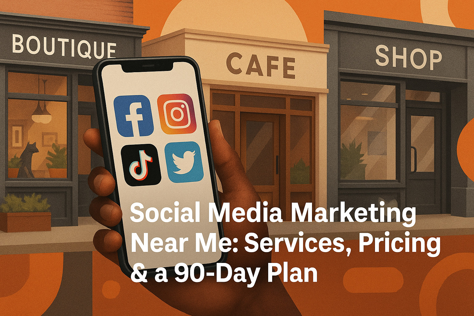 A hand holds a phone displaying Facebook, Instagram, TikTok, and Twitter icons in front of "Boutique," "Cafe," and "Shop." Text reads: "Social Media Marketing Near Me: Services & Pricing and a 90-Day Plan.