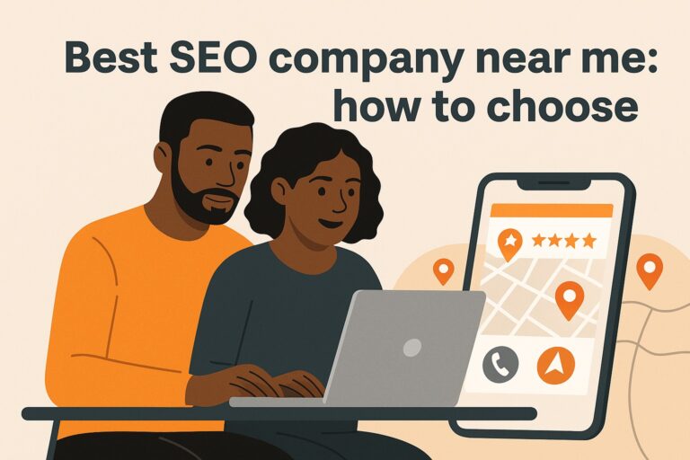 Two people sit at a table using a laptop, while a large smartphone screen beside them displays a map with location pins and rating stars. Text above reads: "Best SEO company near me: how to choose.