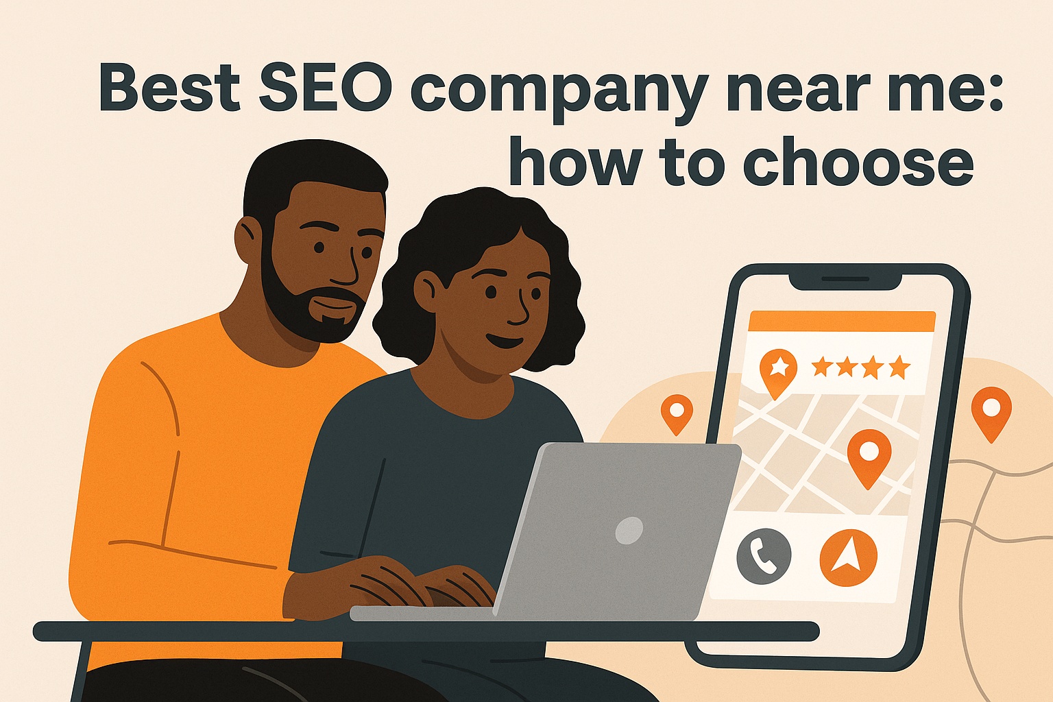 Two people sit at a table using a laptop, while a large smartphone screen beside them displays a map with location pins and rating stars. Text above reads: "Best SEO company near me: how to choose.