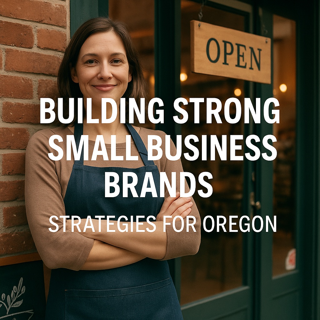 A smiling woman in an apron stands with arms crossed in front of a brick building with an "OPEN" sign. Text reads: "Small Business Branding Strategies for Oregon – Building Strong Brands That Last.