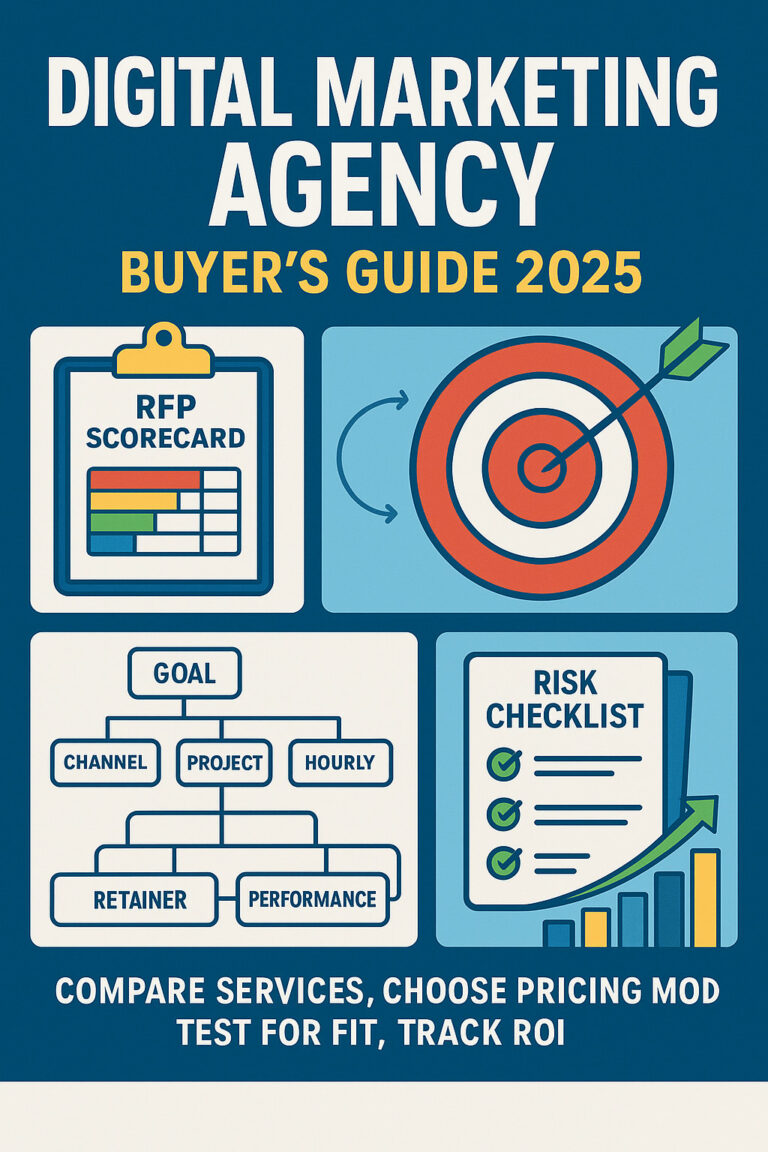 Infographic titled "Digital Marketing Agency Buyer’s Guide 2025" featuring icons for RFP scorecard, target, goal structure, and risk checklist. Bottom text: Compare digital marketing agency services, choose pricing model, test for fit, track ROI.