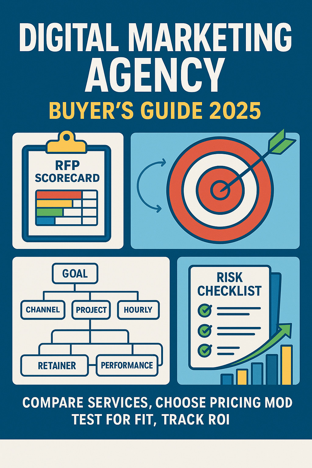 Infographic titled "Digital Marketing Agency Buyer’s Guide 2025" featuring icons for RFP scorecard, target, goal structure, and risk checklist. Bottom text: Compare digital marketing agency services, choose pricing model, test for fit, track ROI.