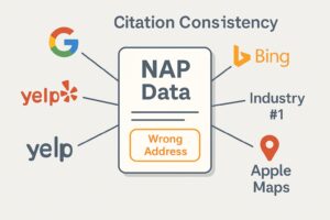 Infographic showing "NAP Data" with a wrong address linked to Google, Bing, Yelp, Industry #1, and Apple Maps—illustrating why citation consistency matters for any business or SEO company aiming for strong local search results.