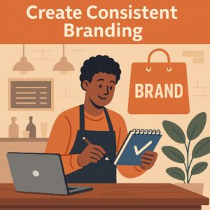 Illustration of a person in an apron holding a notepad and pencil, sitting at a table with a laptop. The background features a "BRAND" shopping bag and the text "Create Consistent Branding," ideal for showcasing small business branding strategies.