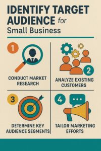An infographic titled "Identify Target Audience for Small Business Brands" with four steps: conduct market research, analyze existing customers, determine key audience segments, and tailor marketing efforts—each with icons and a focus on effective branding strategies.