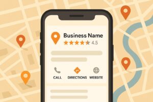 Illustration of a smartphone screen showing a business listing with a 4.5-star rating, call, directions, and website options. The background features a map with orange location pins and "SEO near me" highlighted by the winding river.