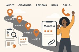 Illustration showing a four-month business growth plan with milestones on a winding path, icons for audit, reviews, and calls—a woman celebrates next to a phone displaying a “Month 4” review and starred rating for the best SEO company.