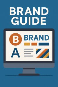 An illustration of a computer monitor displaying branding elements, including a large "B", the word "BRAND", colored rectangles, and a striped pattern, with "BRAND GUIDE" above—perfect inspiration for Oregon small business brands on a blue background.