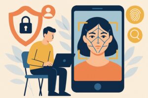 Illustration of a person using a laptop next to a large smartphone displaying facial recognition. Icons for security, fingerprint, and search surround them, highlighting digital privacy and cybersecurity for Oregon small business brands.