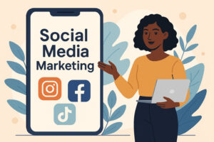 Illustration of a woman holding a laptop and gesturing toward a large smartphone screen displaying "Social Media Marketing" services with Instagram, Facebook, and TikTok logos. Blue and beige background with abstract leaves.