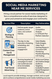 An infographic titled "Social Media Marketing Near Me Services" highlights three pillars of social media marketing services, detailing strategy, content management, and paid advertising with key deliverables for local businesses.