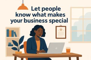 Illustration of a woman working on a laptop at a desk with books, coffee, and a plant. Behind her is a window and framed certificate. Text reads, "Let people know what makes Oregon small business brands special.
