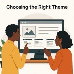 Two people stand in front of a large computer monitor displaying website layouts and images, discussing web design best practices as they choose the right theme. The text above them reads, "Choosing the Right Theme.