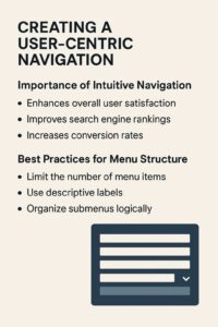 Infographic titled "Creating a User-Centric Navigation" with web design tips on intuitive navigation and best practices for menu structure, plus an icon of a dropdown menu.