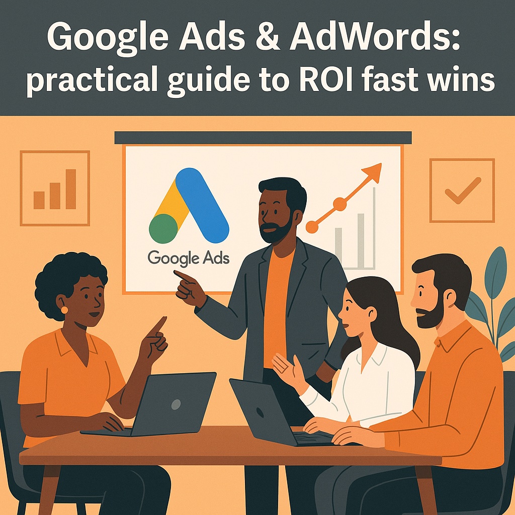 Four people with laptops discuss Google Ads and AdWords strategies. A large Google Ads logo and upward ROI graph are shown on screen. Text above reads: "Google Ads & AdWords: practical guide to ROI fast wins.