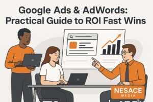 Three people collaborate at a table with laptops, while one points to a screen displaying a chart with rising bars. Text reads: "Google Ads & AdWords: Practical Guide to Fast ROI Wins. NESACE MEDIA.