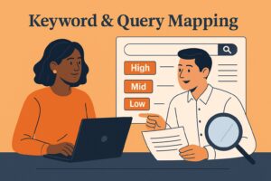 Two people discuss keyword and query mapping. One uses a laptop, the other holds papers and points to a board labeled "High," "Mid," and "Low" beneath a search bar, optimizing Google Ads to boost ROI. A large magnifying glass is nearby.
