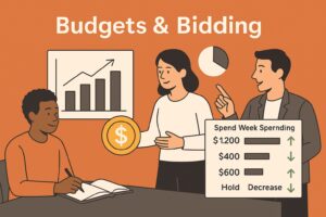 Three people discuss budgets, bidding, and ROI using charts, a pie graph, and a coin symbol. A spending table shows amounts with arrows: increase for $1200 and $400, hold for $600, and decrease for $0—ideal for optimizing Google Ads campaigns.