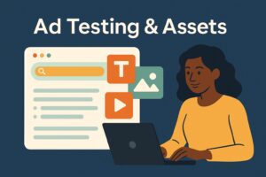 Illustration of a woman using a laptop, with icons for text, images, and video appearing on the screen. "Ad Testing & Assets" is displayed at the top against a dark blue background, highlighting Google Ads strategies to boost ROI.