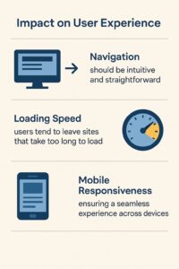 Infographic showing three factors impacting user experience: intuitive navigation, fast loading speed, and mobile responsiveness—key web design best practices for sites on platforms like WordPress—each represented with related icons.