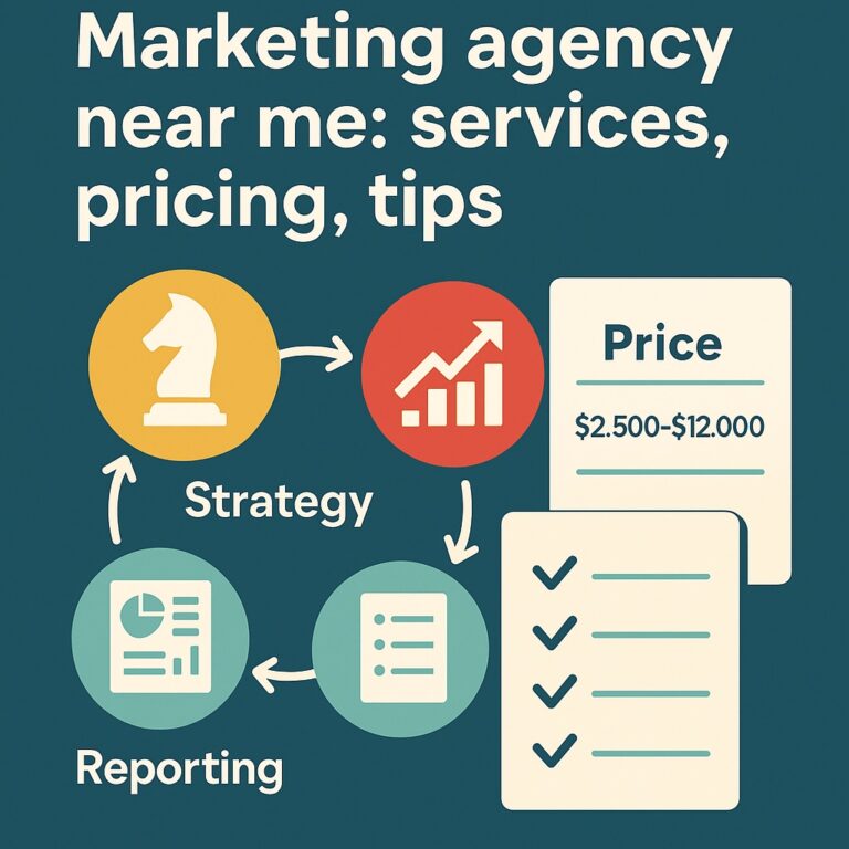 Infographic titled "Marketing agency near me: services, pricing, tips" highlights marketing pricing, strategy and reporting icons, a price range of $2,500–$12,000, and a checklist symbolizing top marketing services advice.