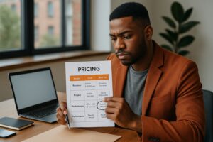 A man in a brown blazer sits at a desk, holding up a printed pricing chart and looking at it thoughtfully—perhaps comparing marketing services offered by a local marketing agency. A laptop, notebook, and pen are on the desk in front of him.