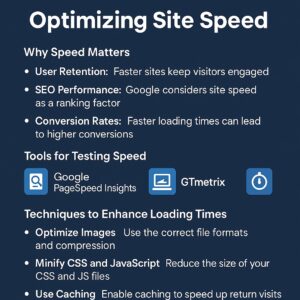 Infographic titled "Optimizing Site Speed" explains why speed matters in web design, lists tools like Google PageSpeed Insights and GTmetrix, and suggests best practices such as optimizing images, minifying code, and using caching.