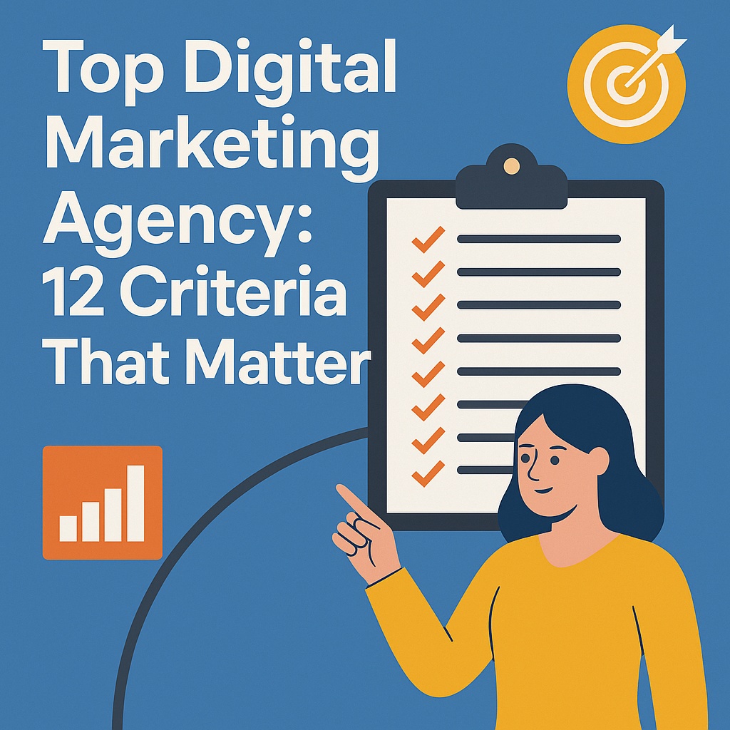 Illustration of a woman pointing at a checklist on a clipboard. Text reads "Top Digital Marketing Agency: 12 Criteria That Matter." Features icons of a target and bar graph, highlighting key digital marketing strategies on a blue background.