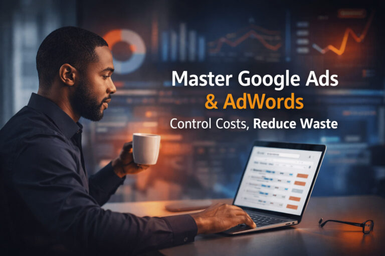 A man holding a coffee cup works on a laptop displaying Google Ads analytics. Text reads: "Master AdWords & Smarter Spend. Control Costs, Reduce Waste." Charts and data visuals are blurred in the background.