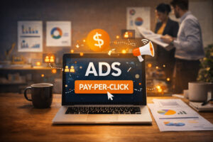 A laptop displays "ADS PAY-PER-CLICK" with Digital Marketing icons. In the background, two people in a Portland Metro office discuss charts and graphs. Papers and a coffee cup are on the desk.