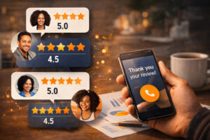 A person holds a smartphone displaying "Thank you for your review!" as review pop-ups show happy faces and top ratings. Papers, a pen, and coffee sit on the table—capturing Portland Metro’s digital marketing spirit in action.