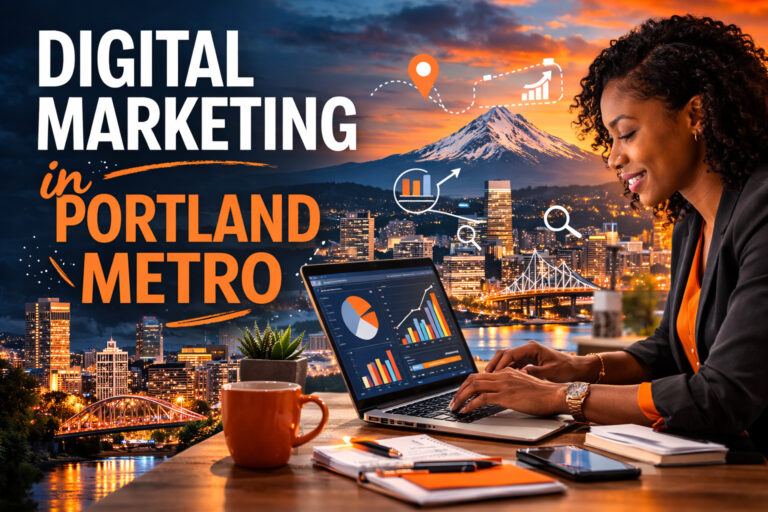 A woman works on a laptop displaying digital marketing charts at a desk with coffee and notebooks. Behind her is a lit-up Portland Metro cityscape at sunset, with Mount Hood in the background. Text reads "Digital Marketing in Portland Metro.