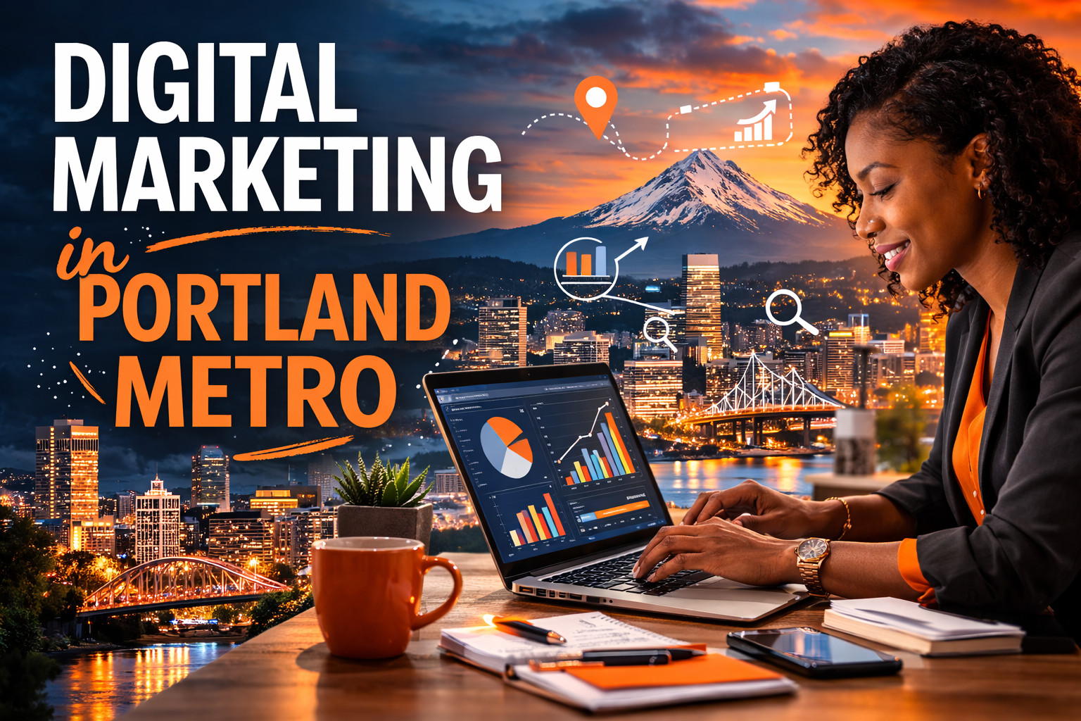 A woman works on a laptop displaying digital marketing charts at a desk with coffee and notebooks. Behind her is a lit-up Portland Metro cityscape at sunset, with Mount Hood in the background. Text reads "Digital Marketing in Portland Metro.
