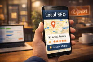 A hand holds a smartphone displaying a "Local SEO" map with location pins and business listings—perfect for Portland Metro digital marketing. In the background, a laptop and lit "Open" sign sit on a cozy cafe table.