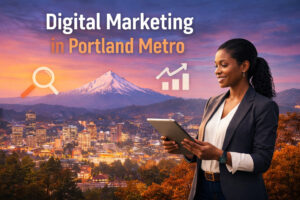 A woman in business attire uses a tablet in front of a cityscape with Mount Hood at sunset. Text reads “Digital Marketing in Portland Metro” with search and graph icons, highlighting digital marketing opportunities in Portland.
