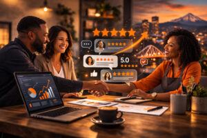 Three people in business attire sit at a table, smiling and shaking hands. A laptop shows graphs, with digital graphics of ratings and reviews floating between them. The Portland Metro skyline is visible through the window at sunset, highlighting their digital marketing success.