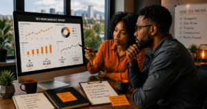 Oregon business professionals reviewing SEO performance, organic traffic, conversions, rankings, and measurable results when choosing an SEO partner.